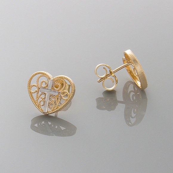 14k yellow Gold Filigree Heart, White Rhodium Cross Post Earrings with push back - Picture 6 of 6